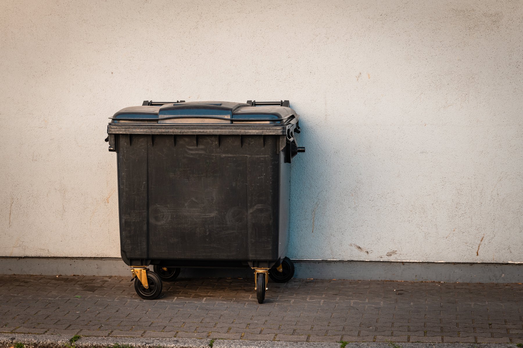 a black dumpster on a sidewalk